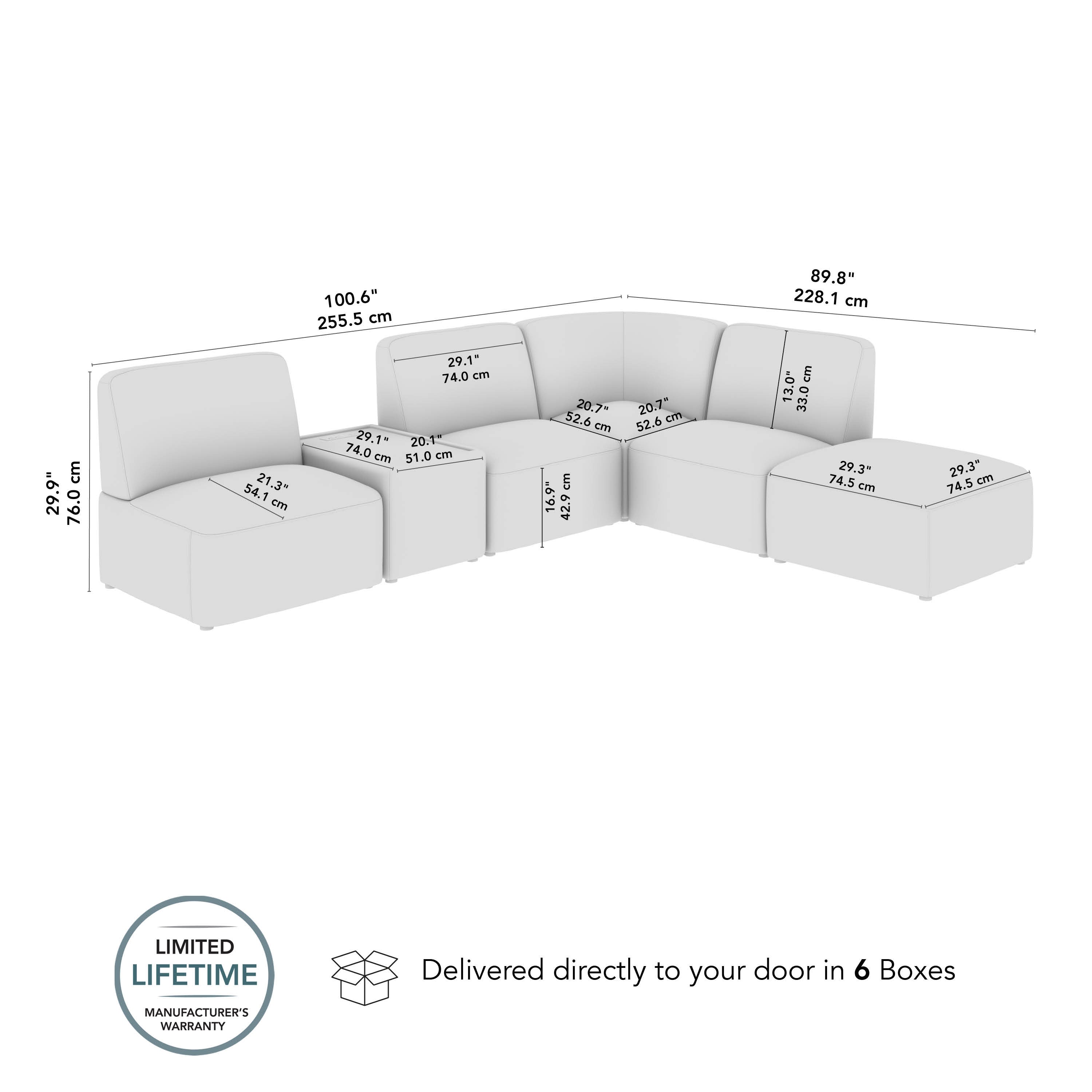 Bush Business Furniture Assemble Modular 5 Seater L Shaped Sectional with Charging Station in Fog Fabric - 100.6" Width x 89.76" Depth x 29.92" Height