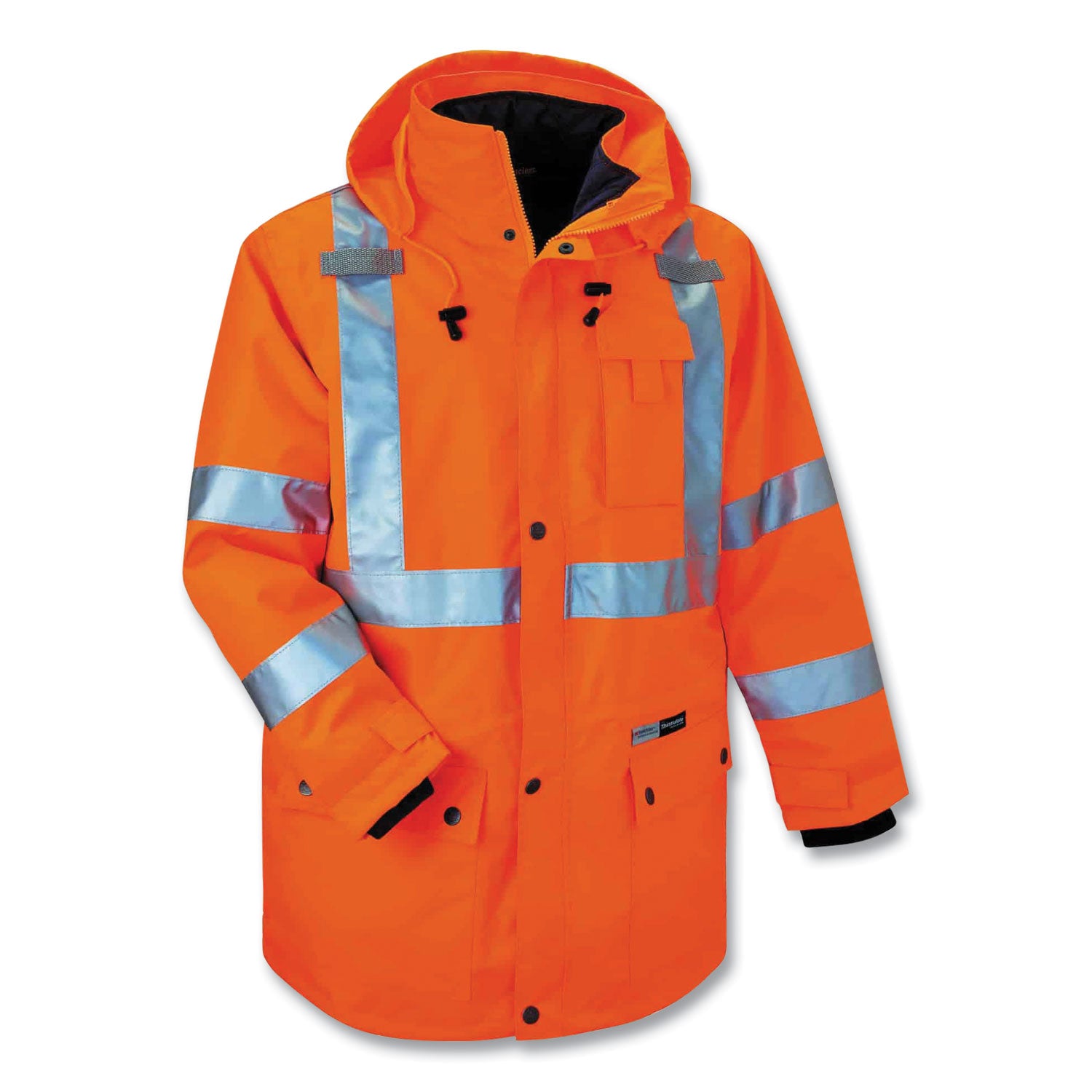 Ergodyne 4-in-1 High Visibility Jacket, X-Large, Orange, Zipper Closure, Weather Proof, Reflective Strip, Removable Sleeve, Inset Hood, Chest and Cell Phone Pockets, 1 Each