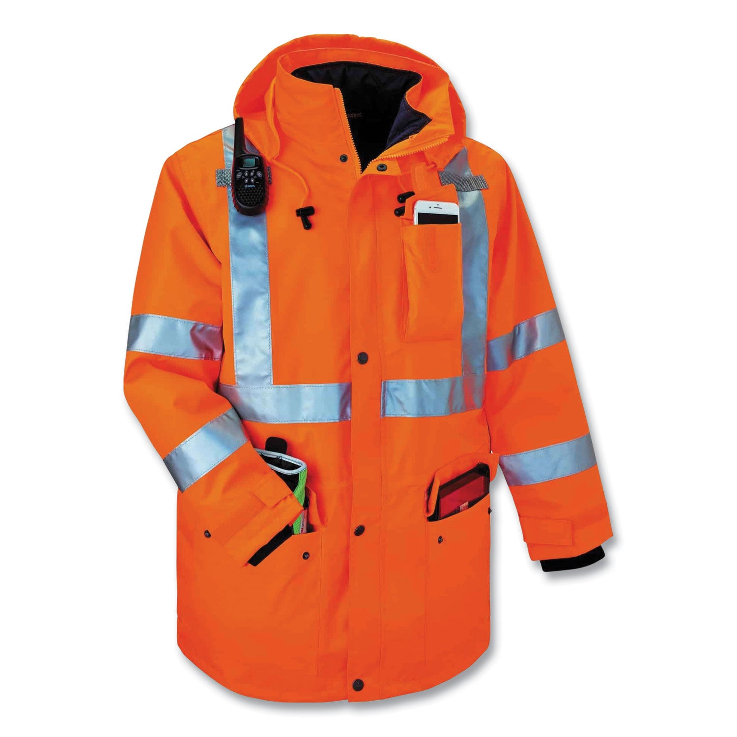 Ergodyne GloWear 8385 4-in-1 High Visibility Jacket, 3X-Large, Orange, Zipper Closure, Removable Sleeves, Inset Hood, Reflective Strips, Breathable, Weatherproof, 1 Each