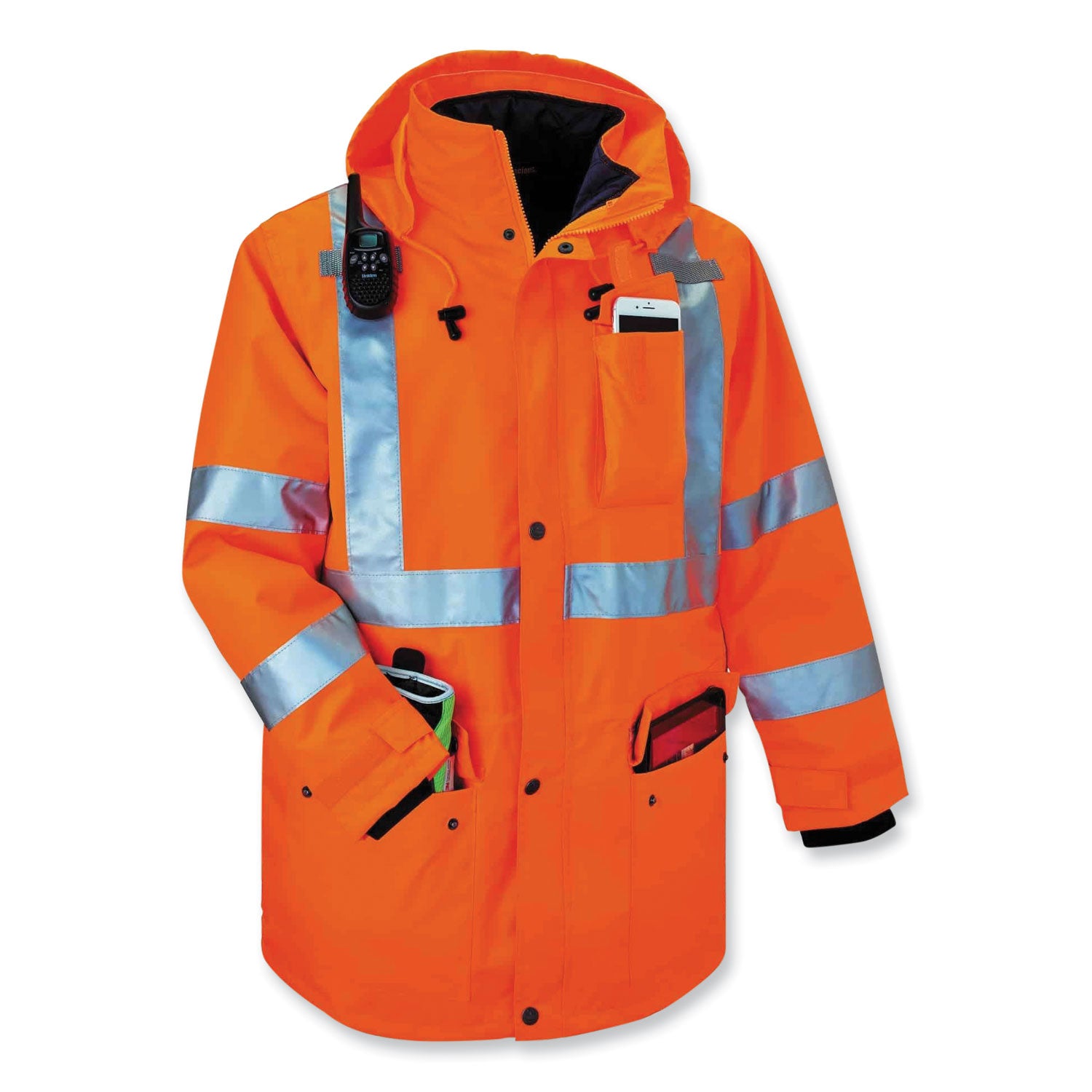 Ergodyne GloWear 8385 4-in-1 High Visibility Jacket, 4XL, Orange, Zipper Closure, Weatherproof, Reflective Strips, Removable Sleeves, Inset Hood, Chest and Cell Phone Pockets, 1 Each