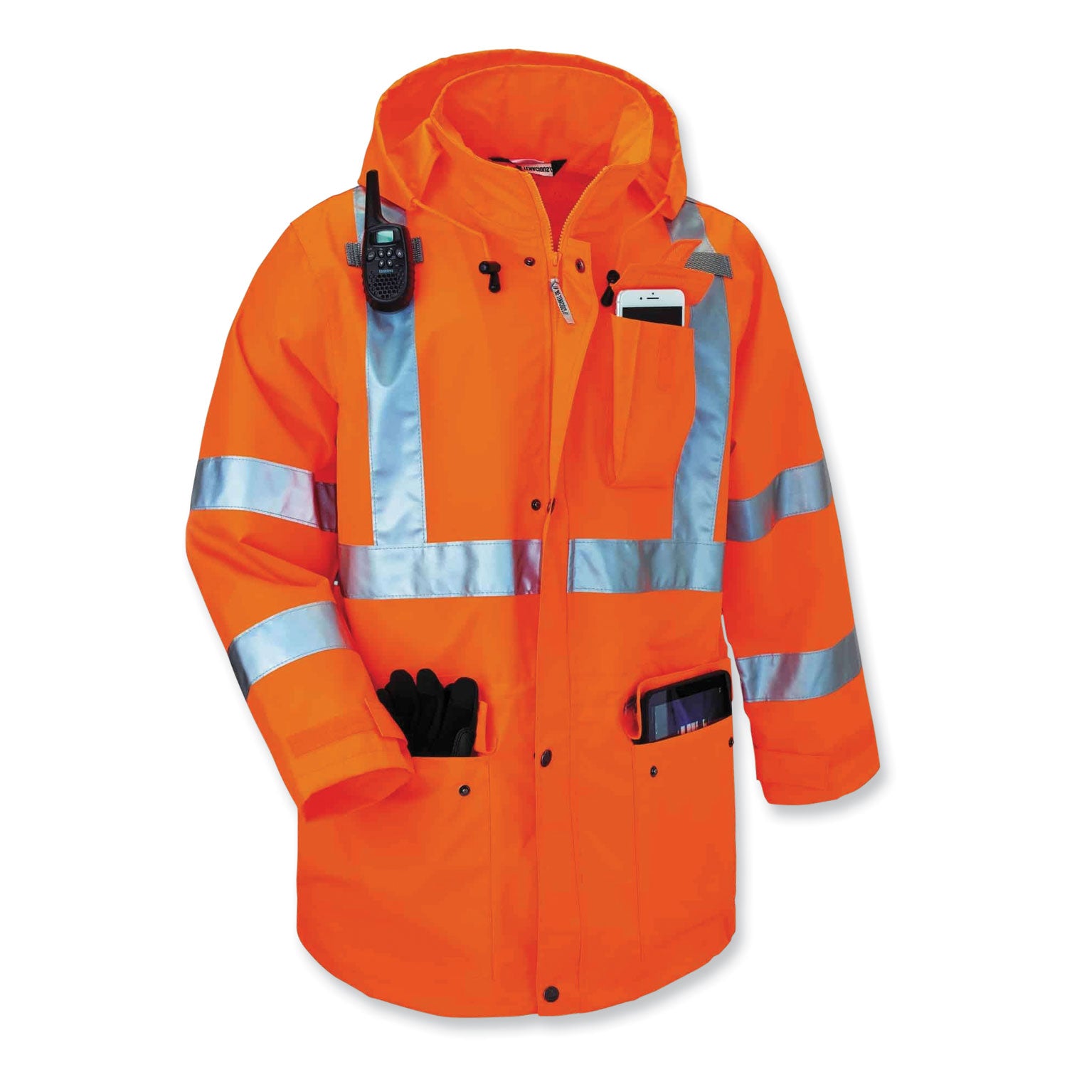 Ergodyne GloWear 8385 4-in-1 High Visibility Jacket, 4XL, Orange, Zipper Closure, Weatherproof, Reflective Strips, Removable Sleeves, Inset Hood, Chest and Cell Phone Pockets, 1 Each