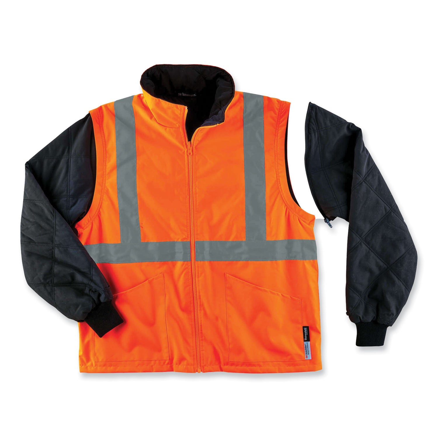 Ergodyne GloWear 4-in-1 High Visibility Jacket, 5X-Large, Orange, Zipper Closure, Removable Sleeves, Inset Hood, Reflective Strips, Breathable, Weatherproof, 1 Each