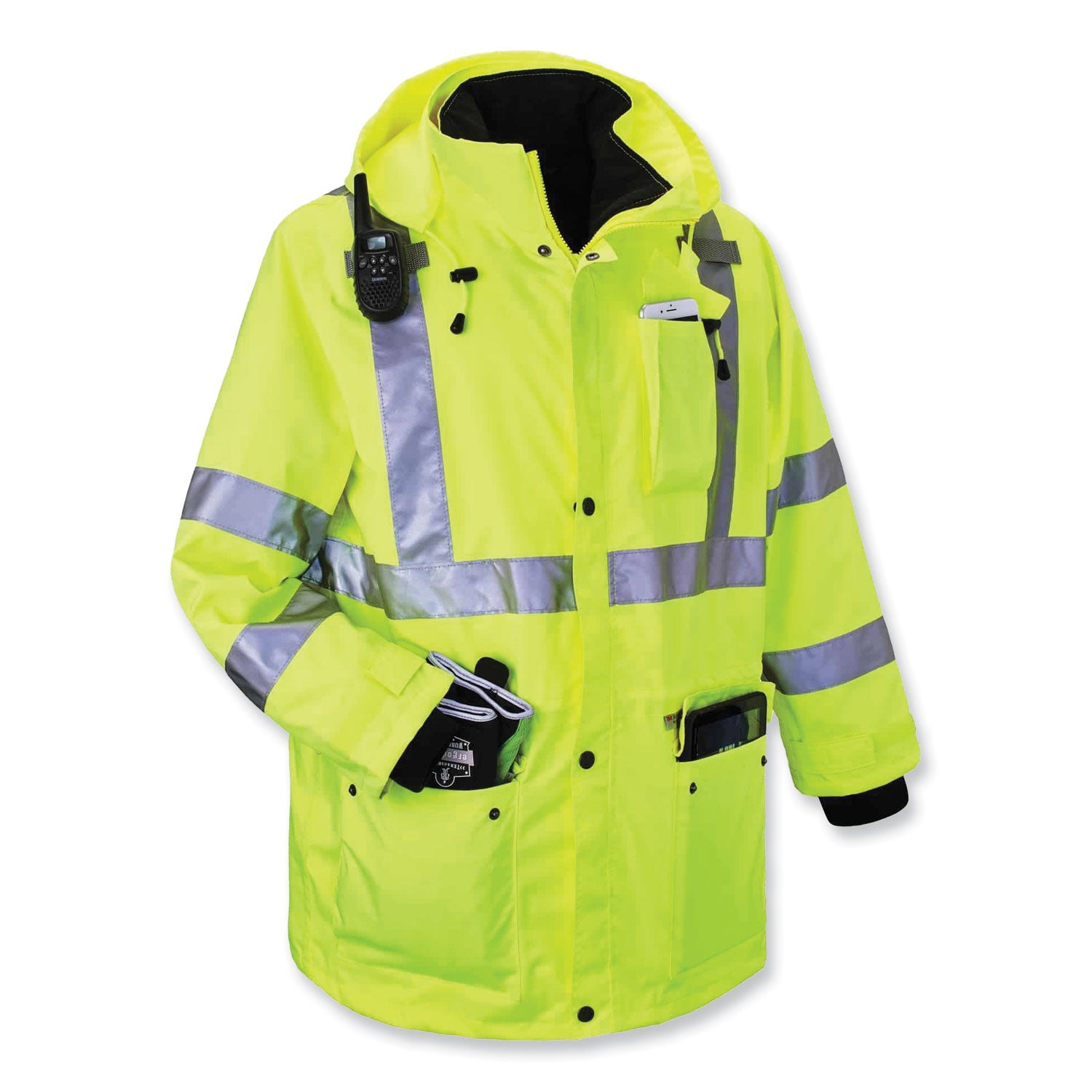 Ergodyne GloWear 4-in-1 High Visibility Jacket, Small, Lime, Zipper Closure, Removable Sleeves, Reflective Strips, Inset Hood, Breathable, Weatherproof, 1 Each