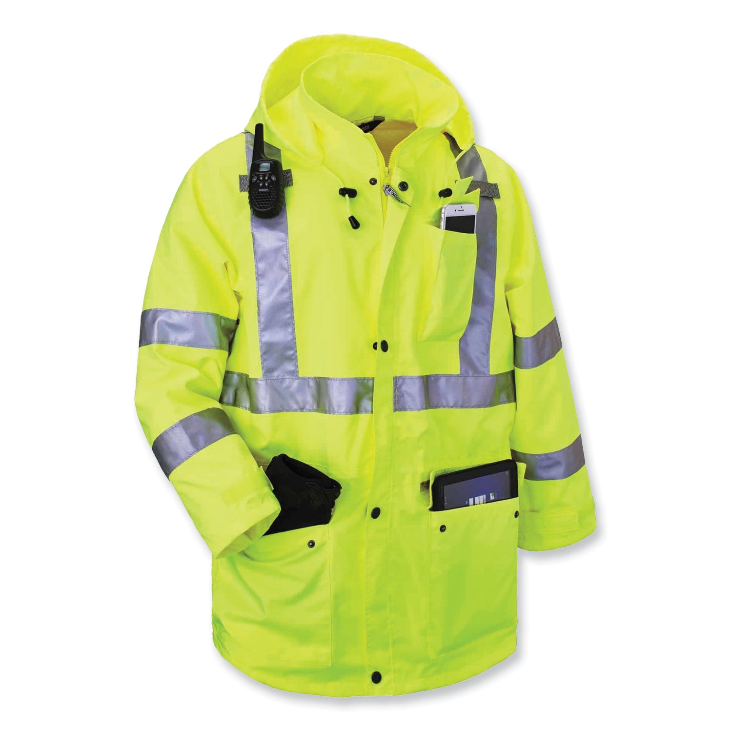 Ergodyne GloWear 4-in-1 High Visibility Jacket, Small, Lime, Zipper Closure, Removable Sleeves, Reflective Strips, Inset Hood, Breathable, Weatherproof, 1 Each