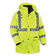 Ergodyne GloWear 4-in-1 High Visibility Jacket, Small, Lime, Zipper Closure, Removable Sleeves, Reflective Strips, Inset Hood, Breathable, Weatherproof, 1 Each