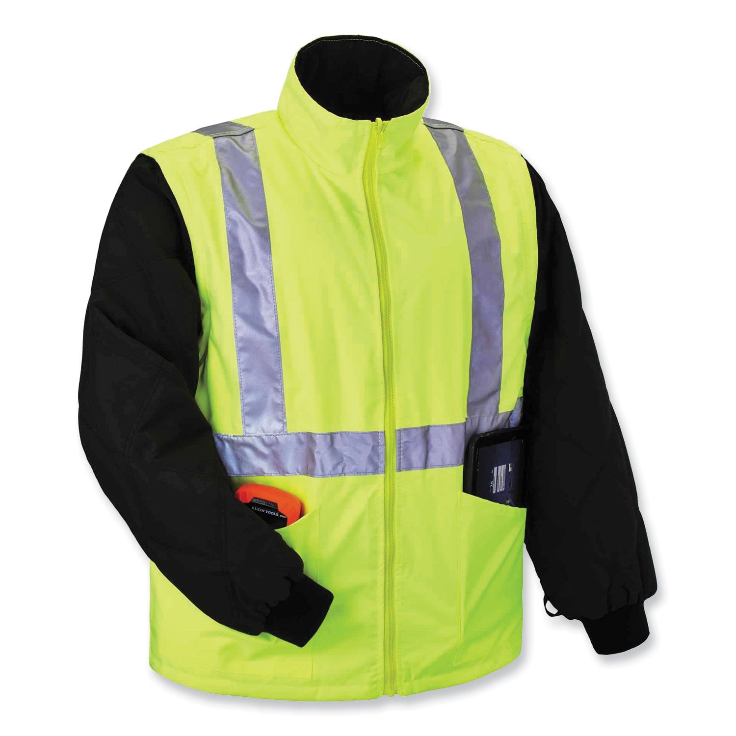 Ergodyne GloWear 4-in-1 High Visibility Jacket, Medium, Lime, Zipper Closure, Weatherproof, Reflective Strips, Removable Sleeves, Inset Hood, Chest and Cell Phone Pockets, 1 Each