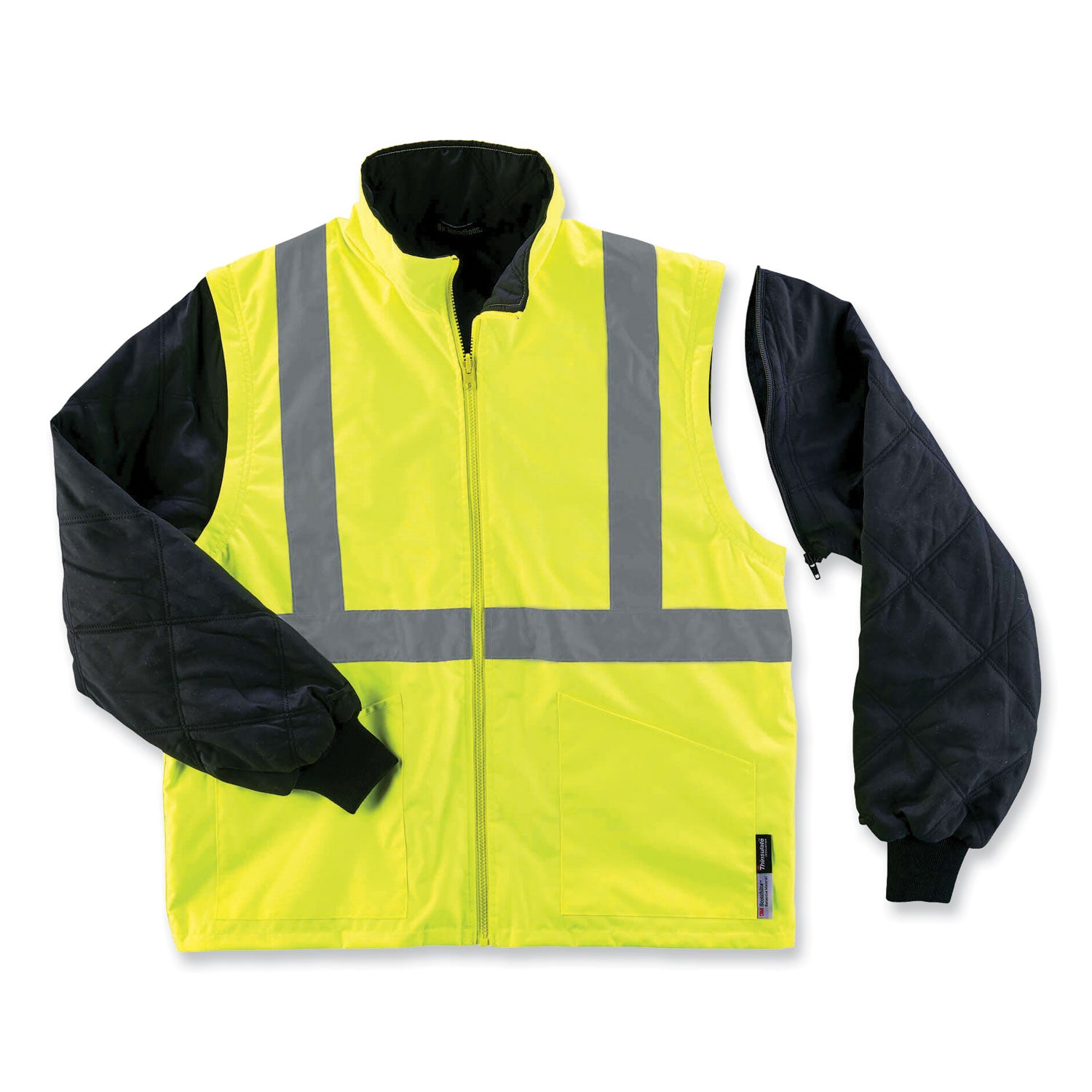 Ergodyne 4-in-1 High Visibility Jacket, 3X-Large, Lime, Zipper Closure, Weatherproof, Reflective Strips, Removable Sleeves, Inset Hood, Chest and Cell Phone Pockets, 1 Each