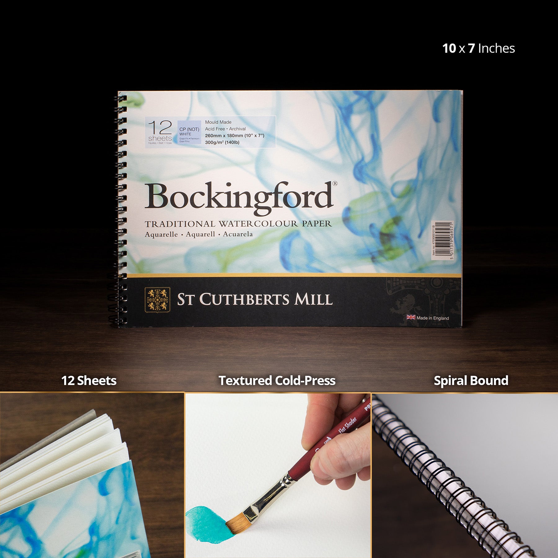 Bockingford Watercolor Pad, Cold Pressed, Spiral Binding, 140lb/300gsm, 12 Sheet, 7x10 inch, 1 Count