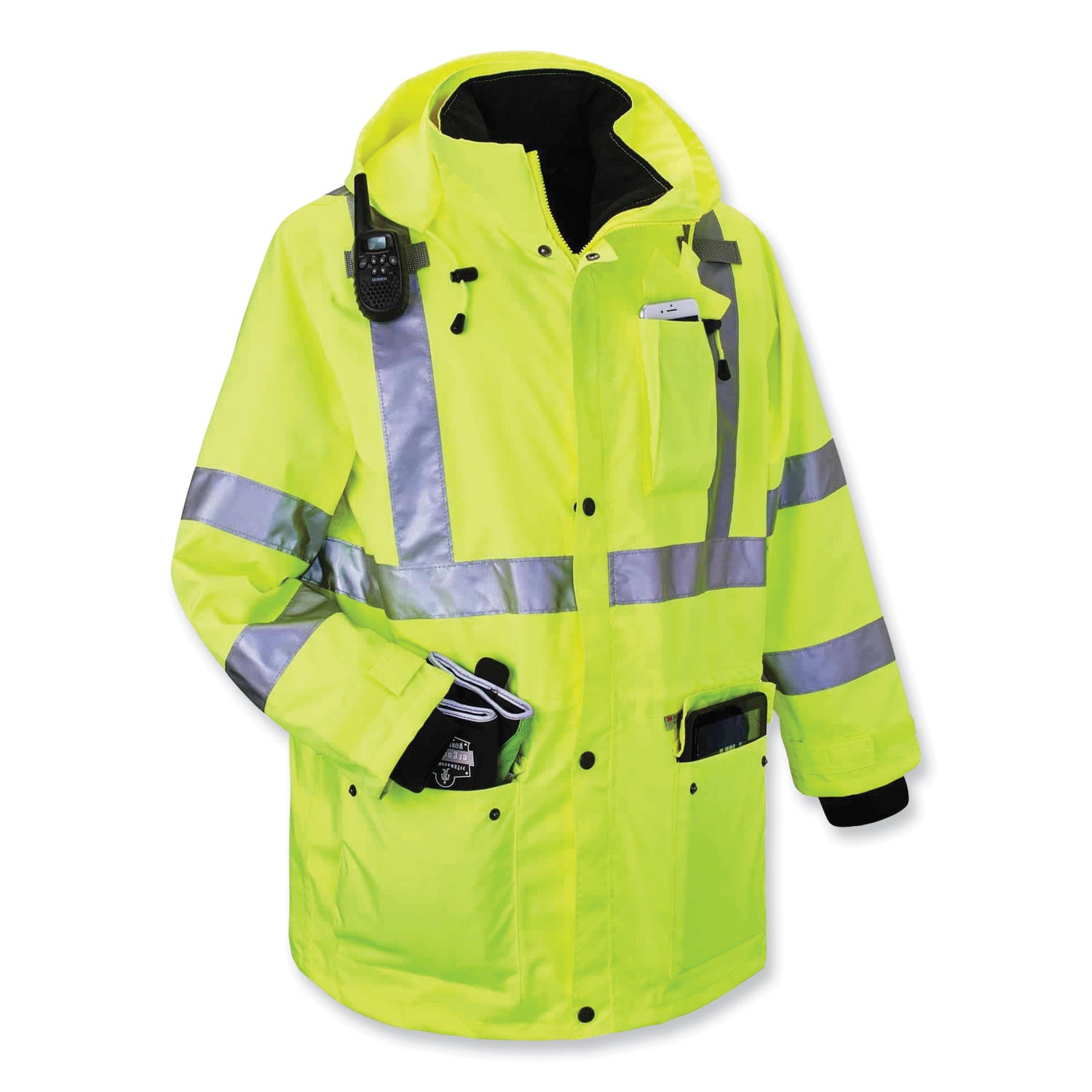Ergodyne 4-in-1 High Visibility Jacket, 4XL, Lime, Zipper Closure, Weatherproof, Reflective Strips, Removable Sleeves, Inset Hood, Chest and Cell Phone Pockets, 1 Each