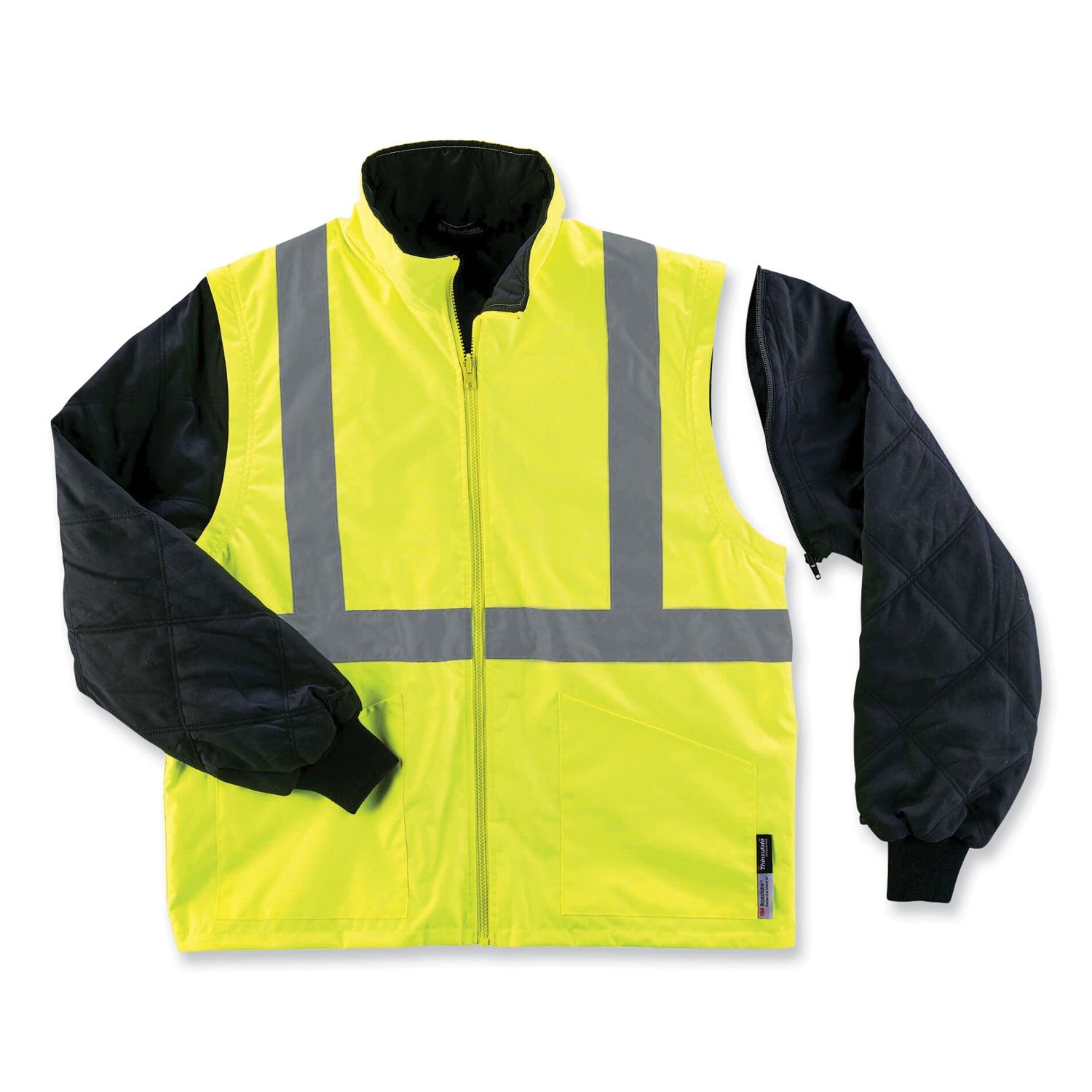 Ergodyne GloWear 4-in-1 High Visibility Jacket, 5X-Large, Lime, Zipper Closure, Removable Sleeves, Inset Hood, Reflective Strips, Breathable, Weatherproof, 1 Each