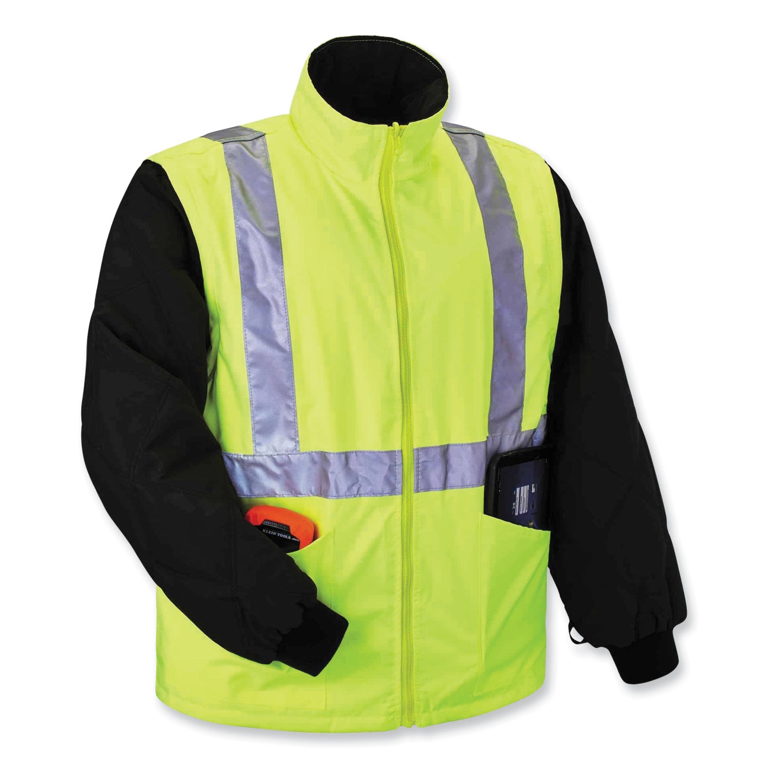 Ergodyne GloWear 4-in-1 High Visibility Jacket, 5X-Large, Lime, Zipper Closure, Removable Sleeves, Inset Hood, Reflective Strips, Breathable, Weatherproof, 1 Each