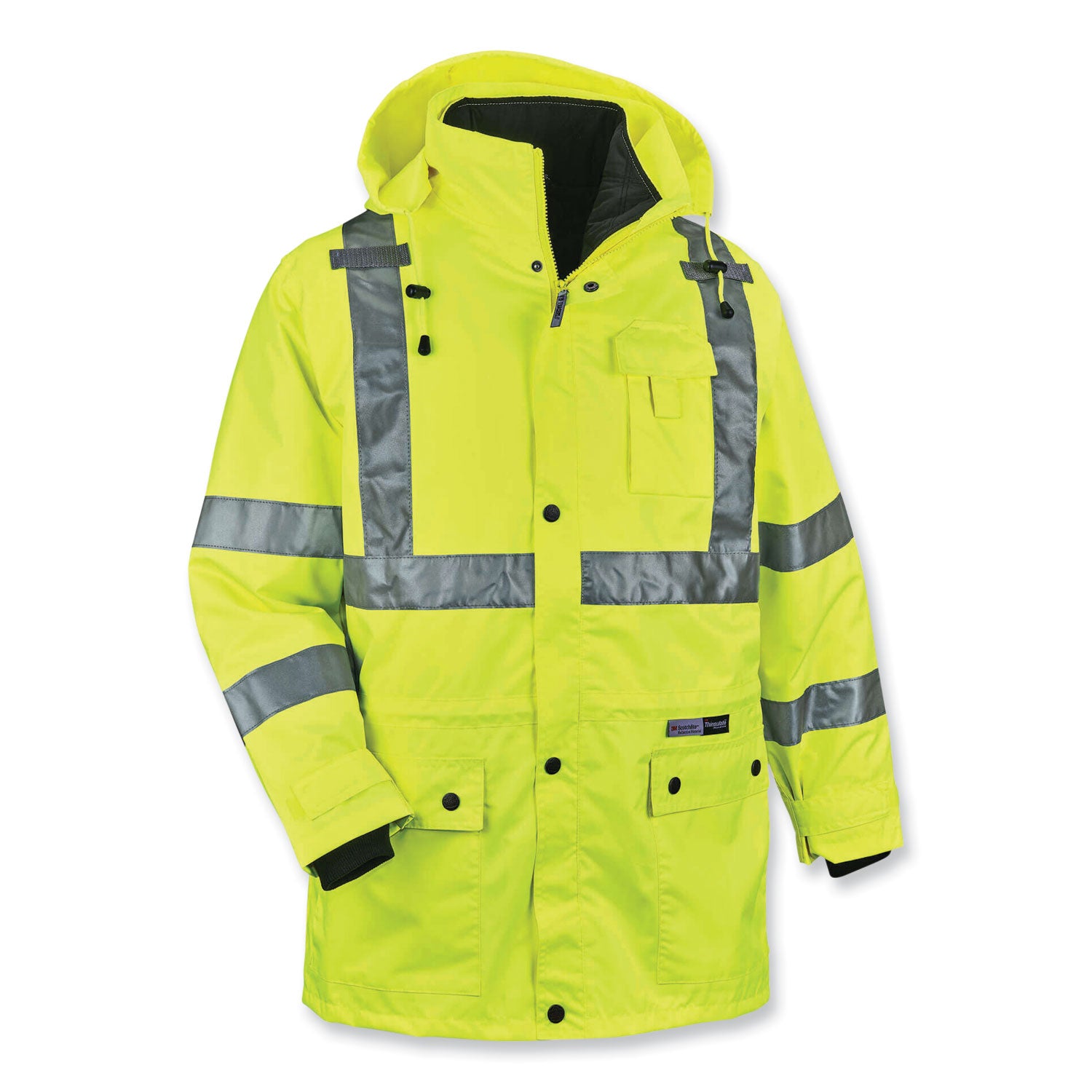 Ergodyne GloWear 4-in-1 High Visibility Jacket, 5X-Large, Lime, Zipper Closure, Removable Sleeves, Inset Hood, Reflective Strips, Breathable, Weatherproof, 1 Each