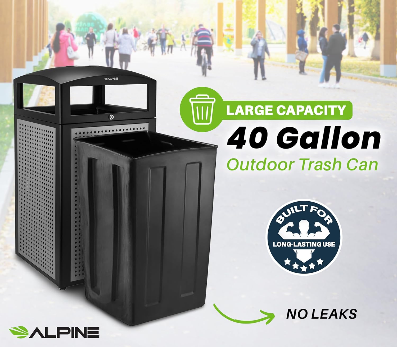 Alpine Industries Rugged 40-Gallon All-Weather Trash Containers with Steel Panels and Ash Tray