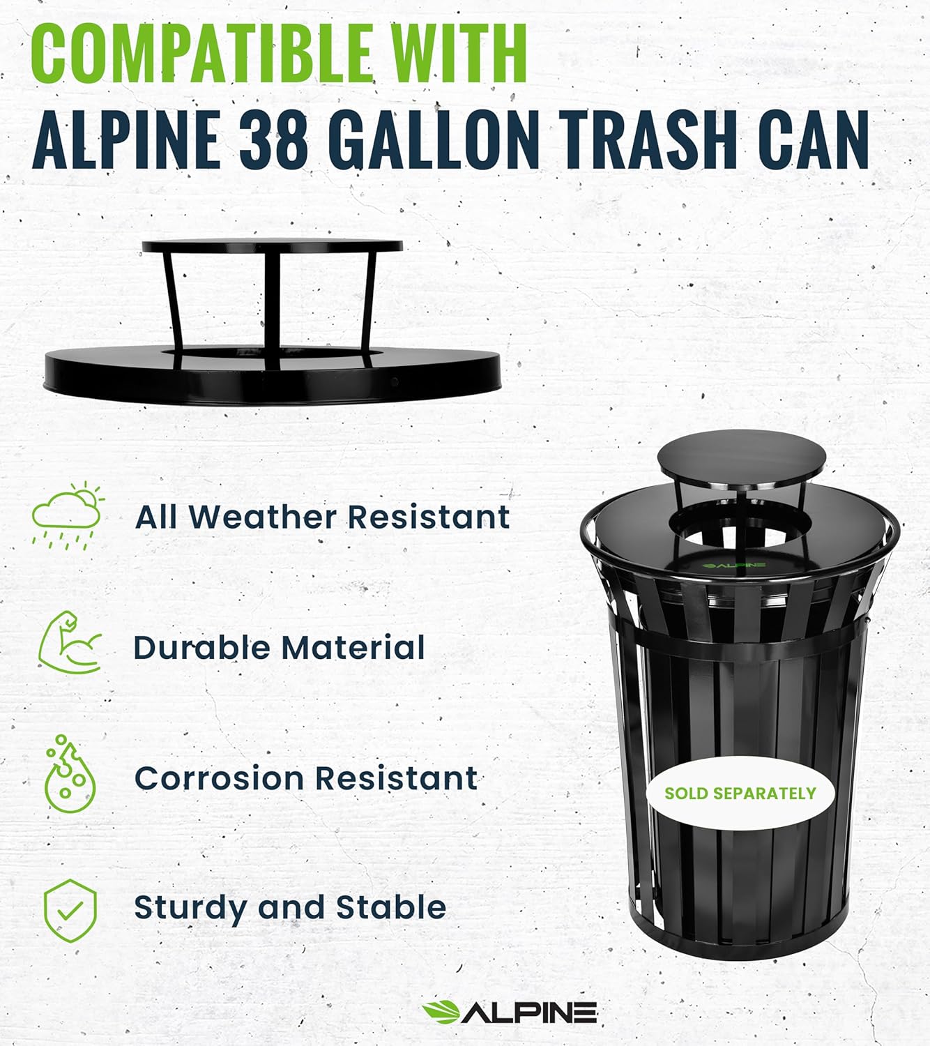 Alpine Industries Rain Bonnet Lid for Outdoor Metal Waste Receptacle - 38 Gallon Black