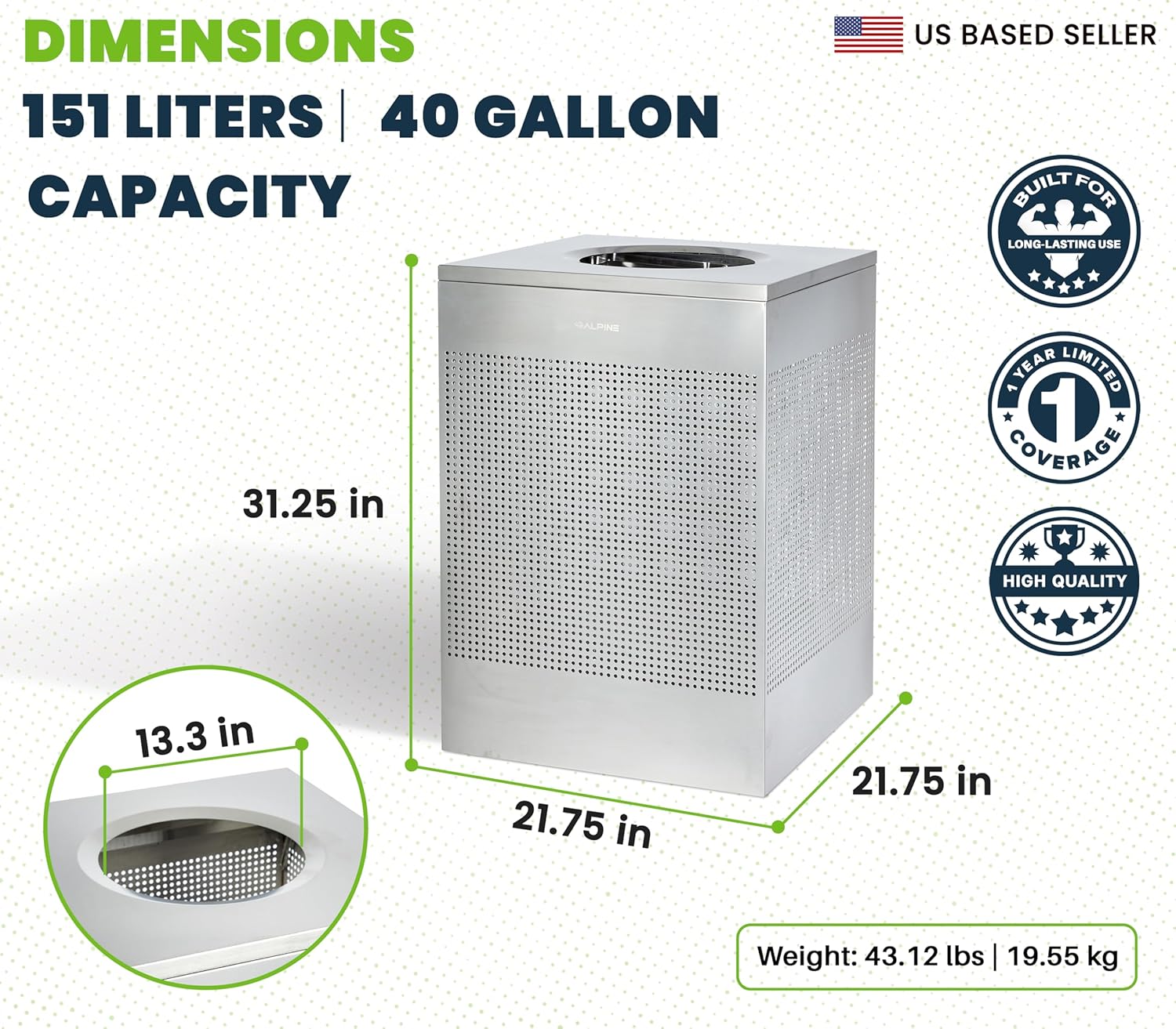 40 Gallon Stainless Steel Square Perforated Decorative Waste Receptacle