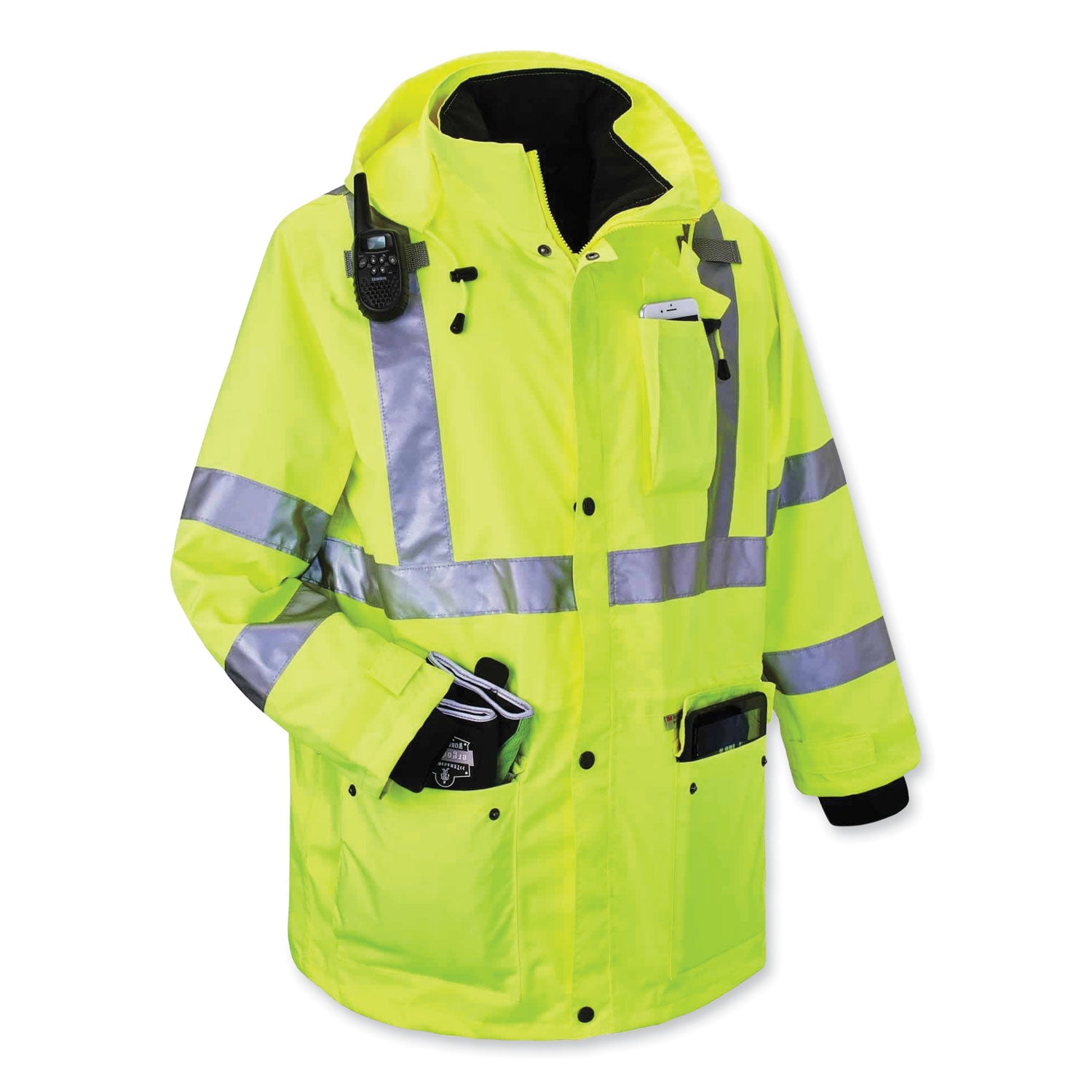 Ergodyne GloWear 4-in-1 High Visibility Jacket, Medium, Lime, Zipper Closure, Weatherproof, Reflective Strips, Removable Sleeves, Inset Hood, Chest and Cell Phone Pockets, 1 Each