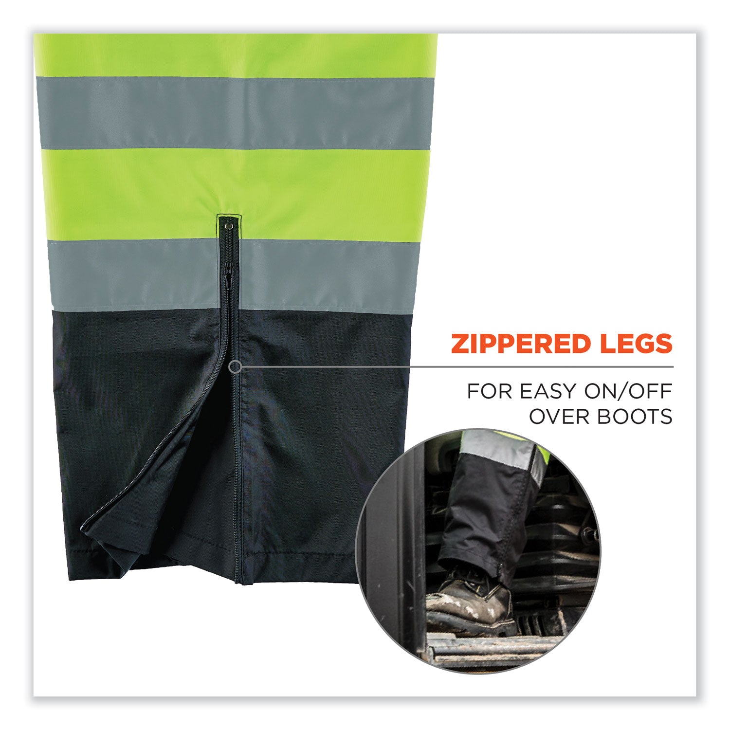 Ergodyne 8915BK Class E Bottom Rain Pants - For Rain Protection - Medium (M) Size - Lime - 300D Oxford Polyester, Polyurethane, Polyester Mesh
