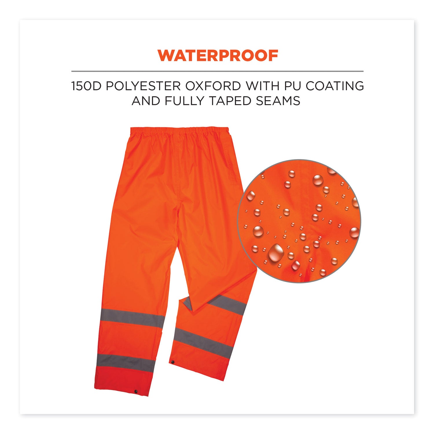 Ergodyne 8916 Lightweight Hi-Vis Rain Pants - Class E - For Rain Protection - Extra Large (XL) Size - Orange - Polyurethane, 150D Oxford Polyester