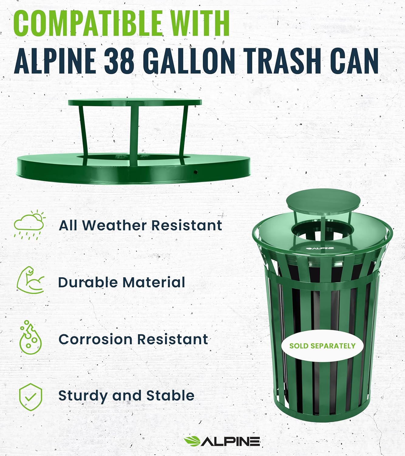 Alpine Industries Rain Bonnet Lid for Outdoor Metal Waste Receptacle - 38 Gallon Green