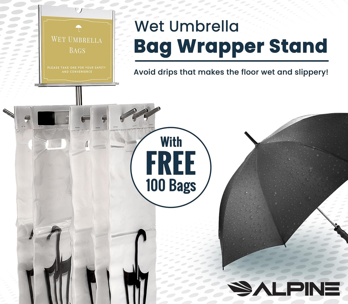 Alpine Industries Wet Umbrella Bag Wrapper Stand with 100 Long Bags