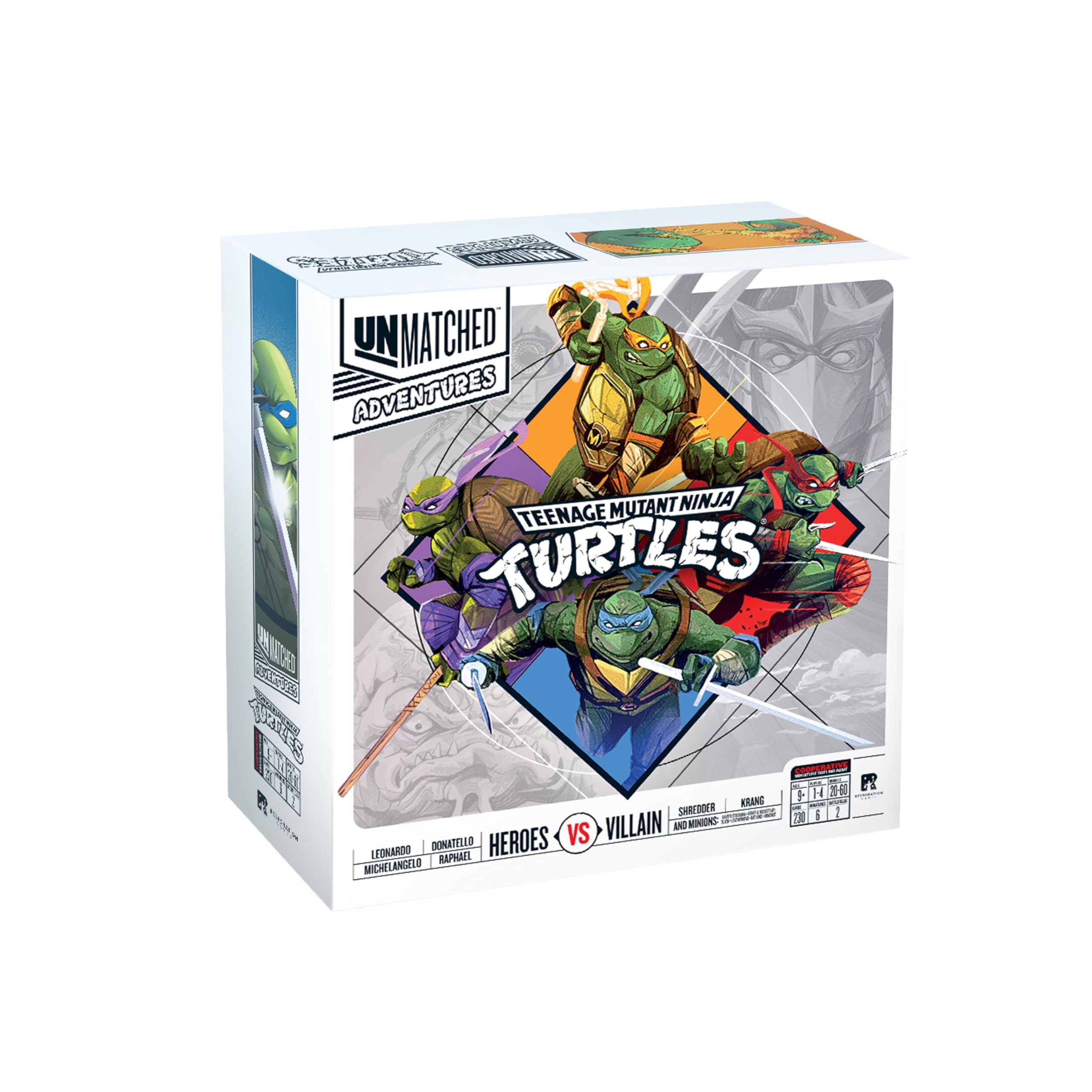 Restoration Games Unmatched Adventures Teenage Mutant Ninja Turtles - Cooperative Strategy Board Game for 1 to 4 Players - Heroes and Villains Expansion - 20-60 Min Playtime - Ages 9+