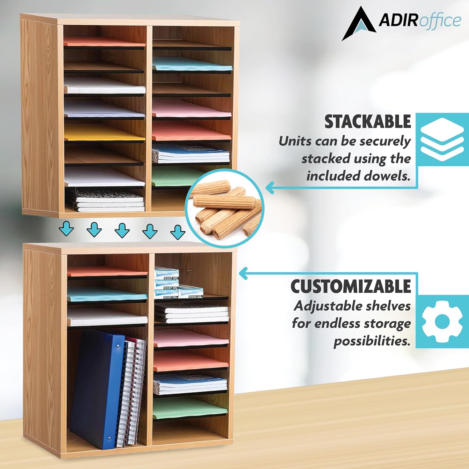 16-Compartment Wood Adjustable Paper Sorter Literature File Organizer, Medium Oak