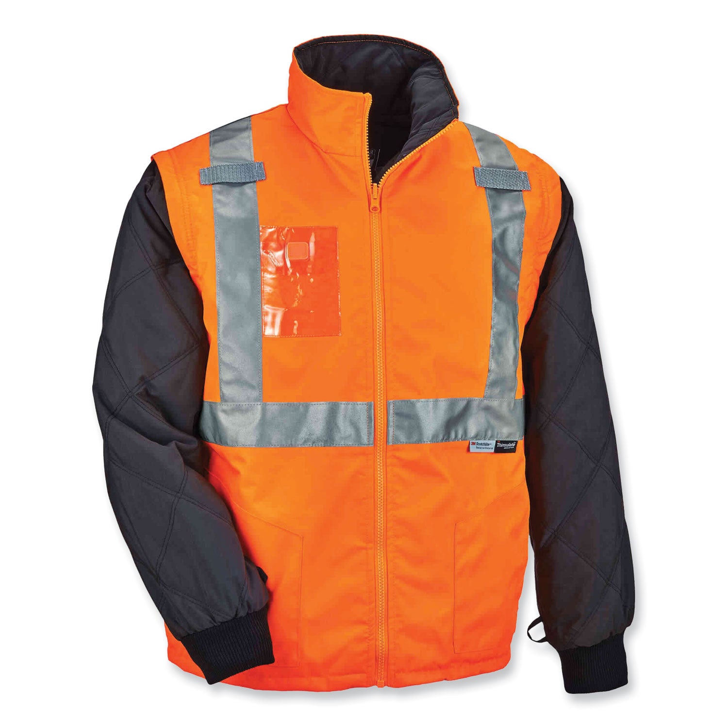 Ergodyne 8287 Type R Class 2 Hi-Vis Jacket with Removable Sleeves, Large, Orange, Zipper Closure, Reflective, Water and Wind Resistant, Machine Washable, 1 Each