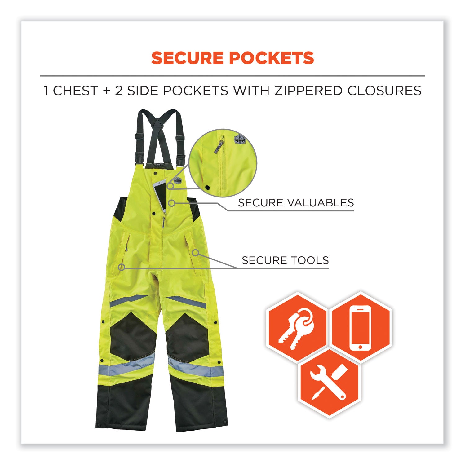 Ergodyne 8928 Class E Insulated Bibs - Bib Overall - Medium - Lime - Polyurethane, 300D Oxford Polyester