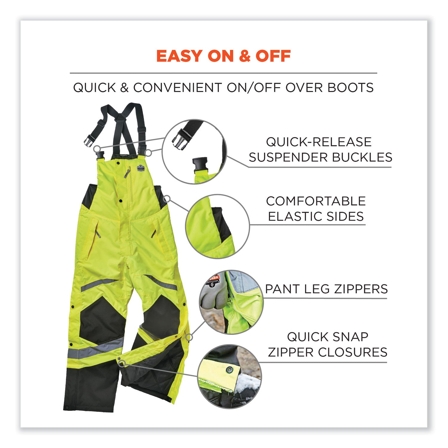 Ergodyne 8928 Class E Insulated Bibs - Bib Overall - Large - Lime - Polyurethane, 300D Oxford Polyester