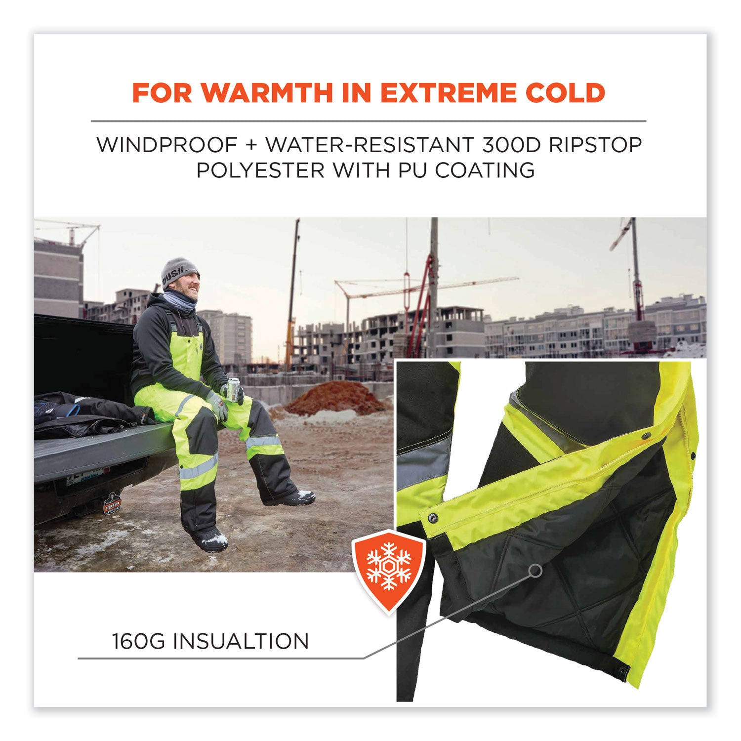 Ergodyne 8928 Class E Insulated Bibs - Bib Overall - 4XL - Lime - Polyurethane, 300D Oxford Polyester