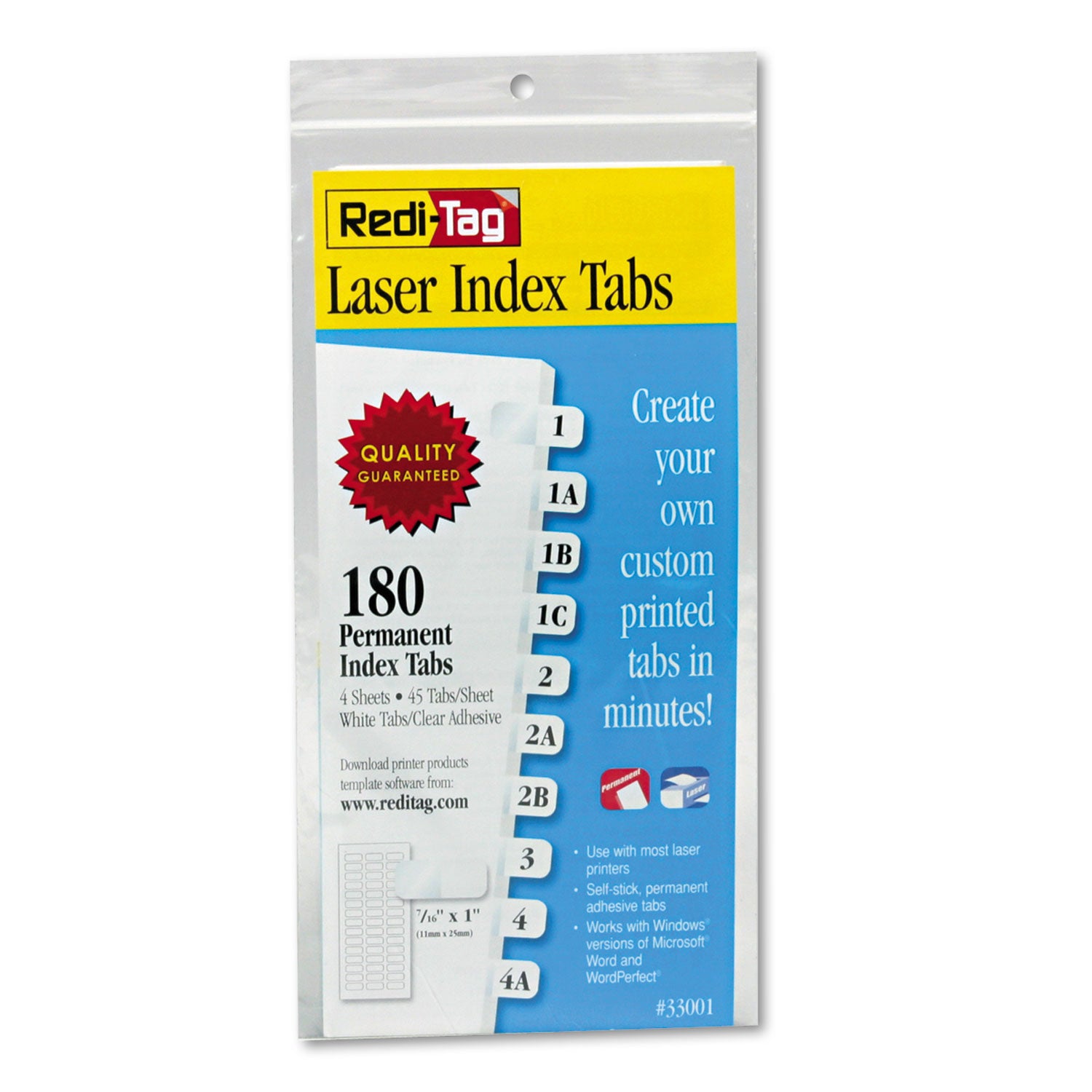 Redi-Tag Laser Printable Index Tabs - 180 Blank Tab(s) - 1" Tab Height x 0.43" Tab Width - Self-adhesive, Permanent - White Tab(s) - 180 / Pack