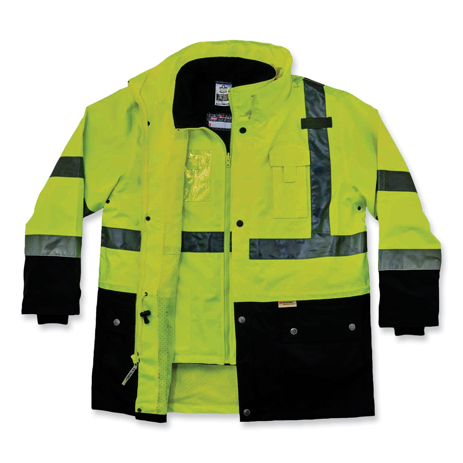 Ergodyne 8388 Type R Class 3/2 Thermal Jacket Kit, 5-Xtra Large, Lime, Polyurethane/300D Oxford Polyester/Thinsulate, Zipper Closure, Reflective, Weather Proof, Inset Hood, Multiple Pockets, 1 Each
