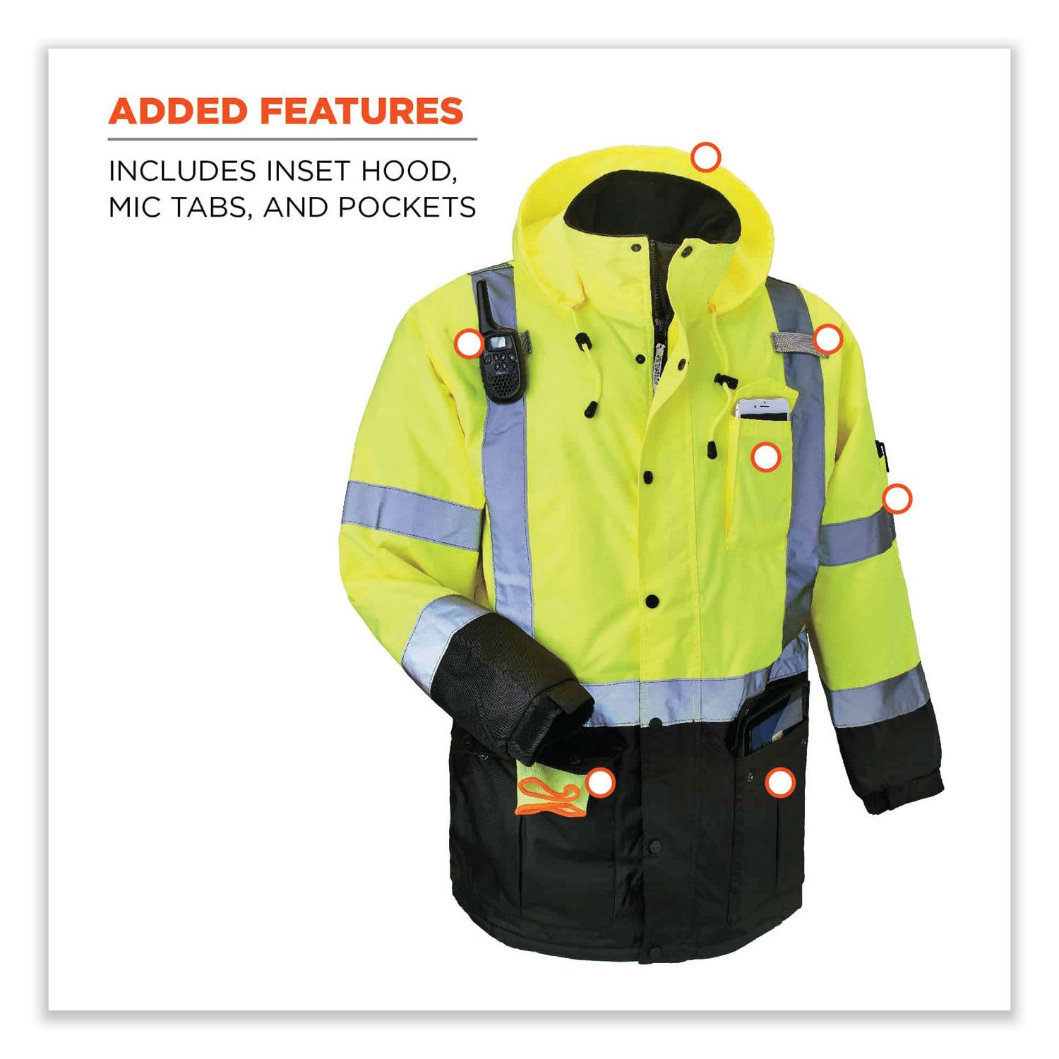 Ergodyne 8384 Type R Class 3 Hi-Vis Quilted Thermal Parka, Large, Lime, Polyurethane, 1 Each