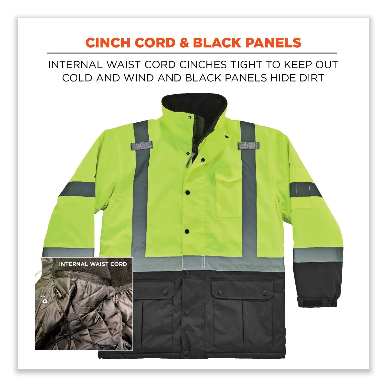 Ergodyne 8384 Type R Class 3 Hi-Vis Quilted Thermal Parka, Large, Lime, Polyurethane, 1 Each