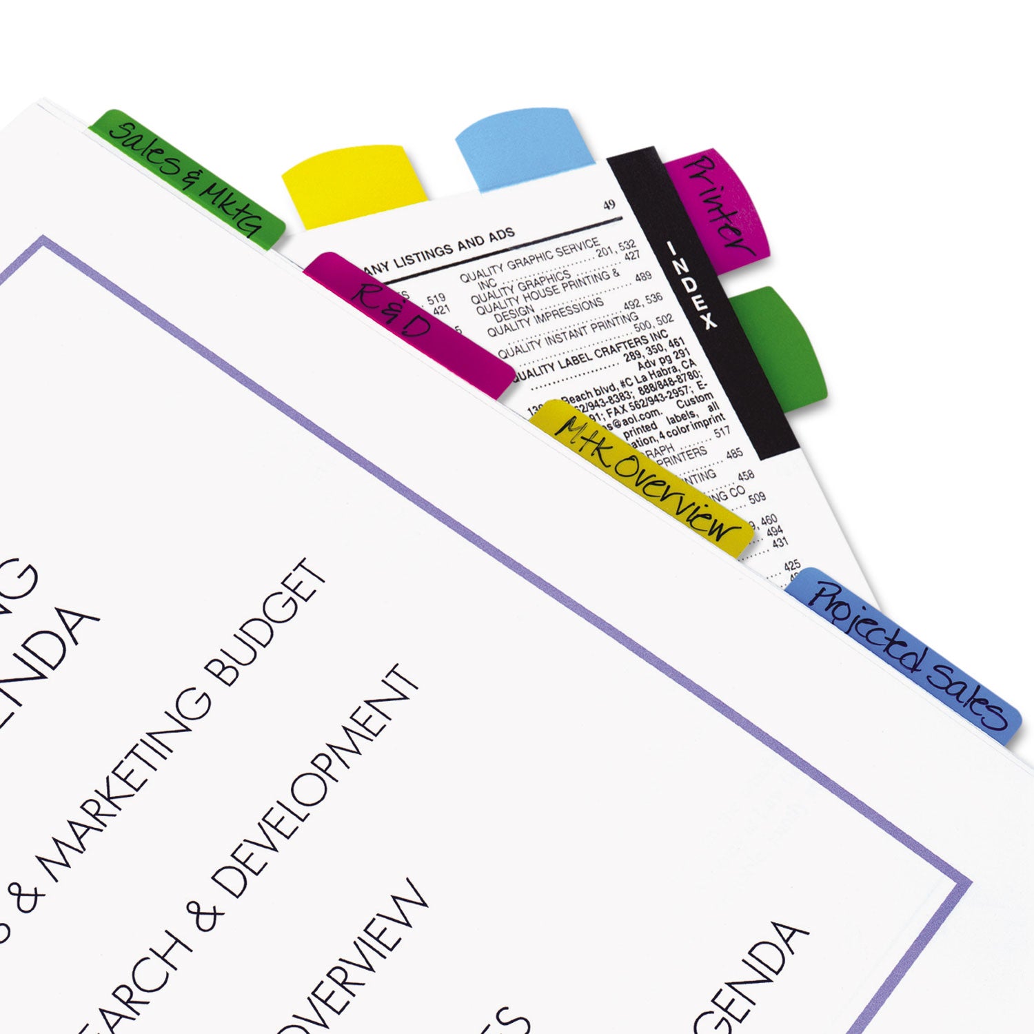 12 x Blue, 12 x Yellow, 12 x Magenta, 12 x Green - 2" Flag/Note Width x 11/16" Flag/Note Length - Rectangle - Assorted - Plastic - Removable, Self-adhesive - 1 Pack