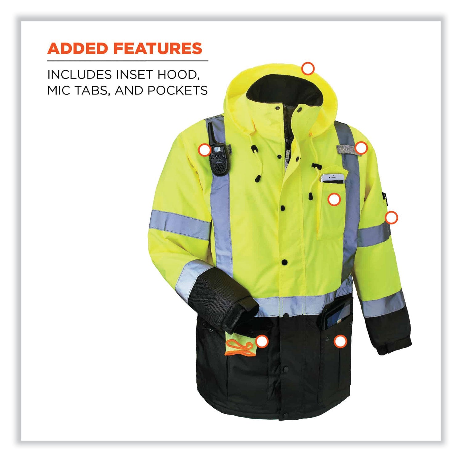 Ergodyne 8384 Type R Class 3 Hi-Vis Quilted Thermal Parka, 3X-Large, Lime, Polyurethane, Machine Washable, Reflective Strips, Inset Hood, Wind & Water Resistant, Waist Cord, Velcro Cuffs, 1 Each