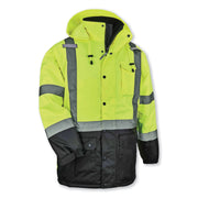 Ergodyne 8384 Type R Class 3 Hi-Vis Quilted Thermal Parka, 3X-Large, Lime, Polyurethane, Machine Washable, Reflective Strips, Inset Hood, Wind & Water Resistant, Waist Cord, Velcro Cuffs, 1 Each