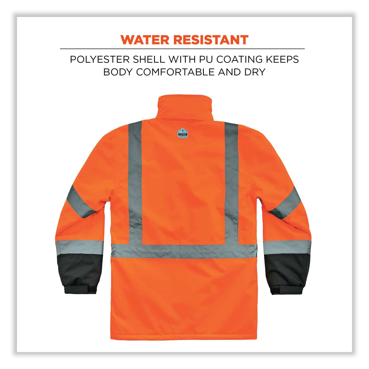 Ergodyne GloWear 8384 Type R Class 3 Hi-Vis Quilted Thermal Parka, Small, Orange, Polyurethane, Machine Washable, Reflective Strip, Inset Hood, Wind & Water Resistant, 1 Each