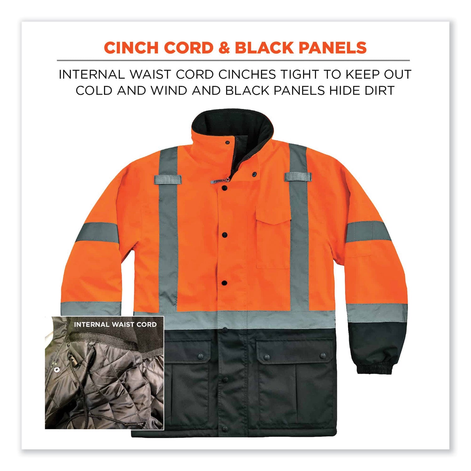 Ergodyne 8384 Type R Class 3 Hi-Vis Quilted Thermal Parka, Large, Orange, Polyurethane, Machine Washable, Reflective Strip, Inset Hood, Wind & Water Resistant, Waist Cord, Velcro Cuffs, 1 Each