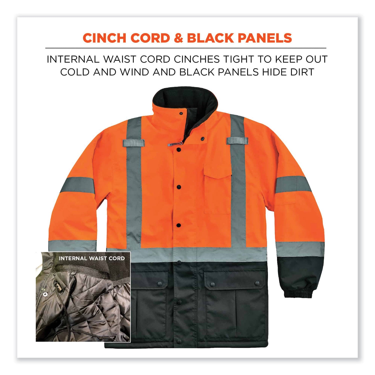 Ergodyne 8384 Type R Class 3 Hi-Vis Quilted Thermal Parka, Extra Large, Orange, Polyurethane, 300D Oxford Polyester Shell, Fleece Interior, Velcro Strap Cuffs, Drawstring Closure, 1 Each