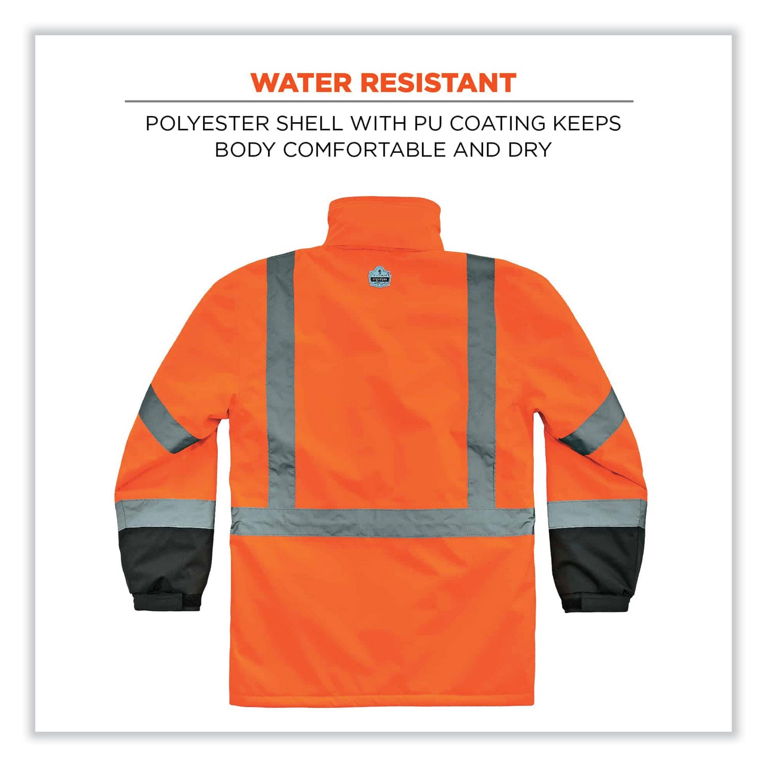Ergodyne 8384 Type R Class 3 Hi-Vis Quilted Thermal Parka, 3XL, Orange, Polyurethane, Machine Washable, Reflective Strips, Inset Hood, Wind & Water Resistant, Waist Cord, Velcro Cuffs, 1 Each