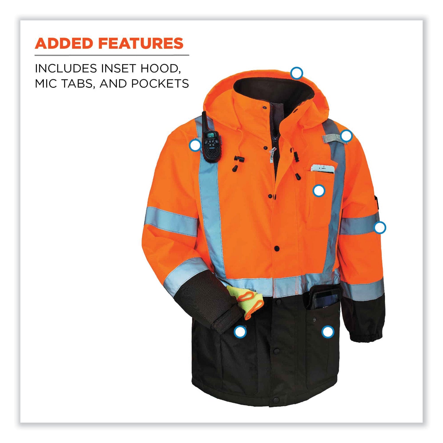 Ergodyne 8384 Type R Class 3 Hi-Vis Quilted Thermal Parka, 3XL, Orange, Polyurethane, Machine Washable, Reflective Strips, Inset Hood, Wind & Water Resistant, Waist Cord, Velcro Cuffs, 1 Each