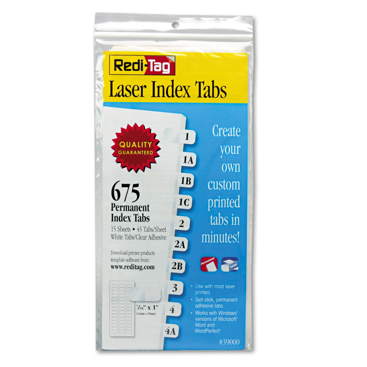 Redi-Tag Laser Printable Index Tabs - 675 Blank Tab(s) - 1" Tab Height x 0.43" Tab Width - Self-adhesive, Permanent - White Tab(s) - 1 Pack