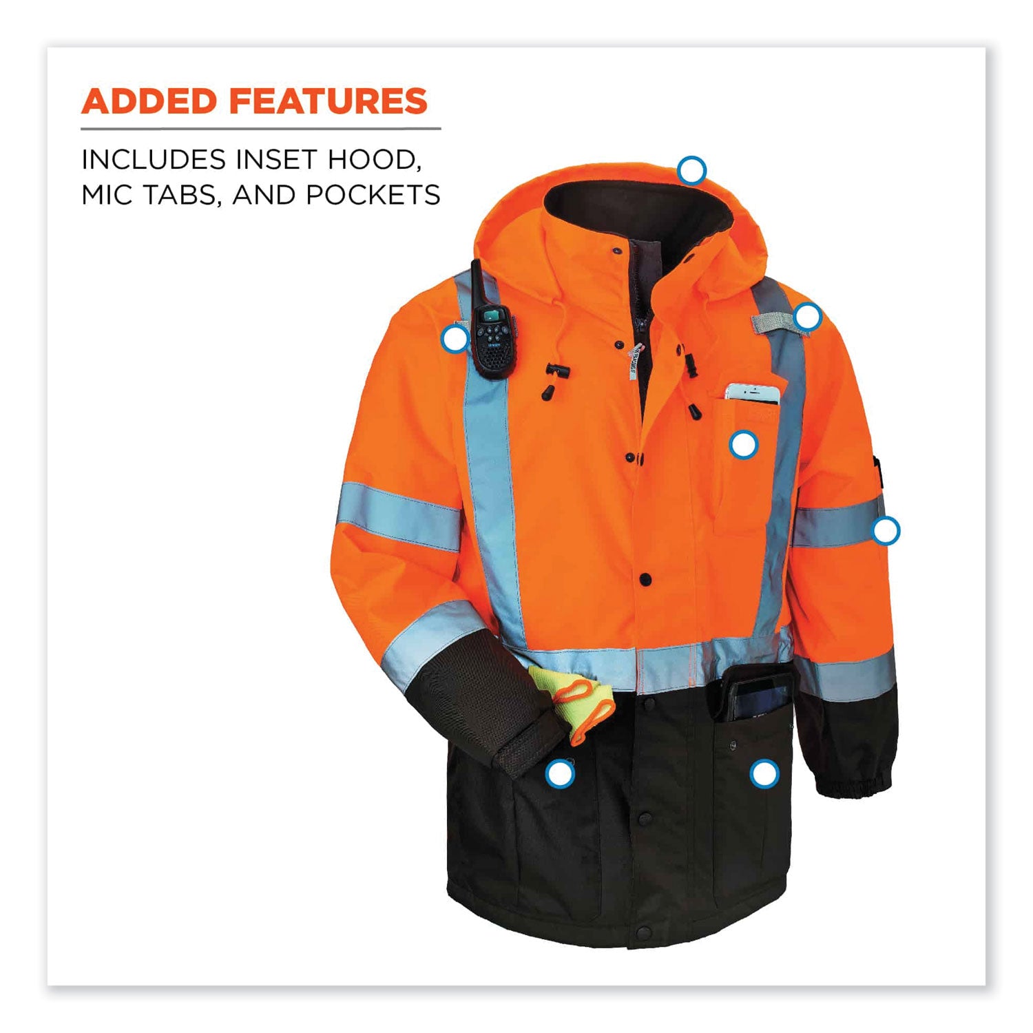 Ergodyne 8384 Type R Class 3 Hi-Vis Quilted Thermal Parka, 4XL, Orange, Polyurethane, Machine Washable, Reflective Strips, Inset Hood, Wind & Water Resistant, Waist Cord, Velcro Cuffs, 1 Each
