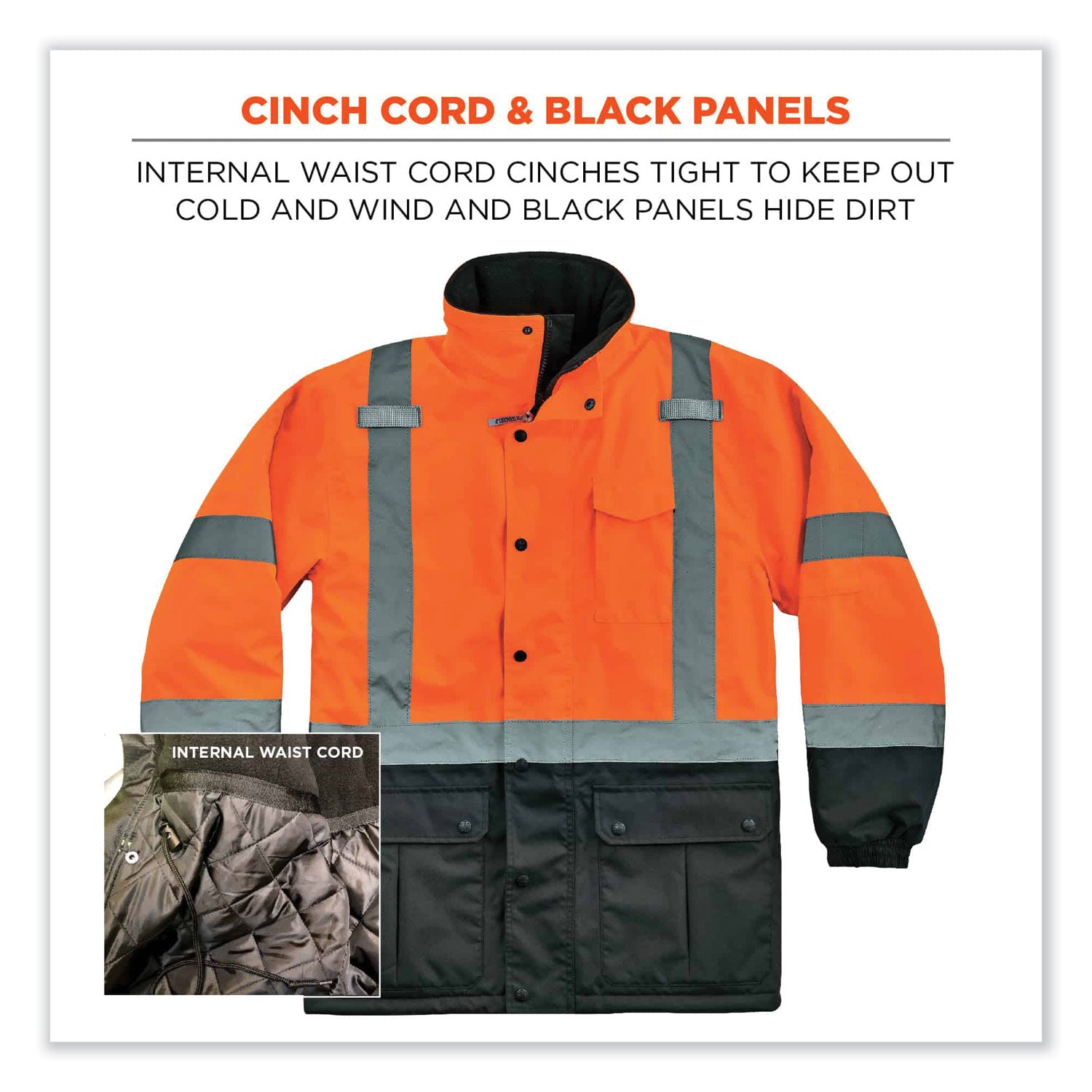 Ergodyne 8384 Type R Class 3 Hi-Vis Quilted Thermal Parka, 4XL, Orange, Polyurethane, Machine Washable, Reflective Strips, Inset Hood, Wind & Water Resistant, Waist Cord, Velcro Cuffs, 1 Each