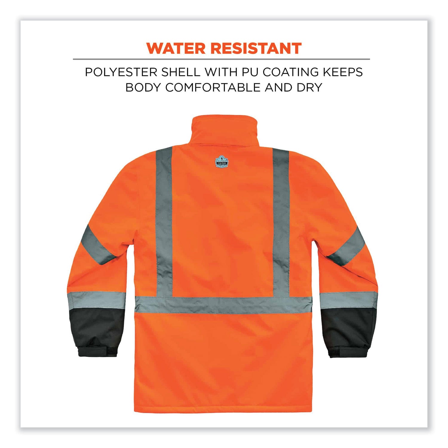 Ergodyne 8384 Type R Class 3 Hi-Vis Quilted Thermal Parka, 5X-Large, Orange, Polyurethane, Machine Washable, Reflective Strips, Inset Hood, Wind & Water Resistant, 1 Each