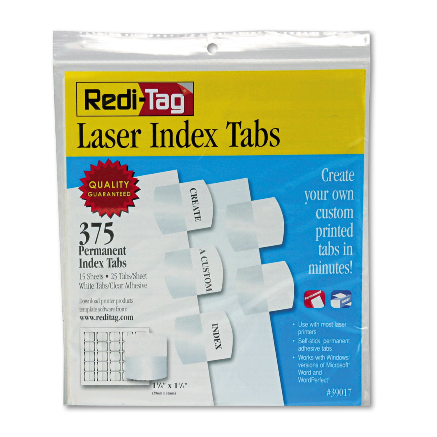 Redi-Tag Laser Printable Index Tabs - 375 Blank Tab(s) - 1.25" Tab Height x 1.12" Tab Width - Self-adhesive, Permanent - White Tab(s) - Non-toxic - 1 Pack