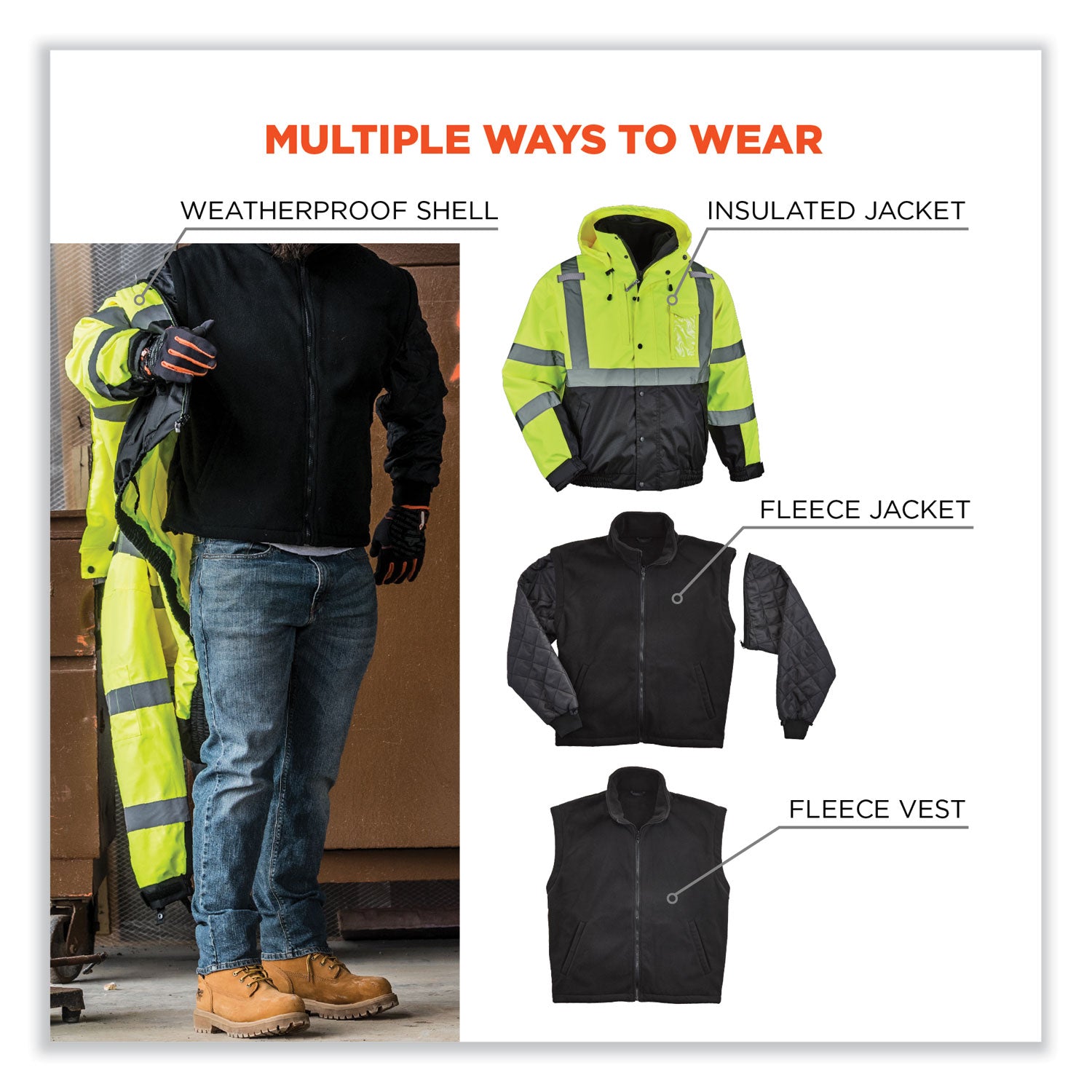 GloWear 8381 Class 3 Hi-Vis 4-in-1 Quilted Bomber Jacket, Lime, Large