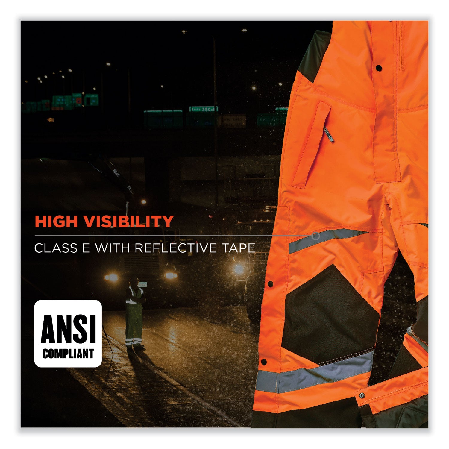 Ergodyne 8928 Hi-Vis Insulated Rain Bibs, Small, Orange/Black, Polyester, 300D Oxford, Polyurethane, 1 Each