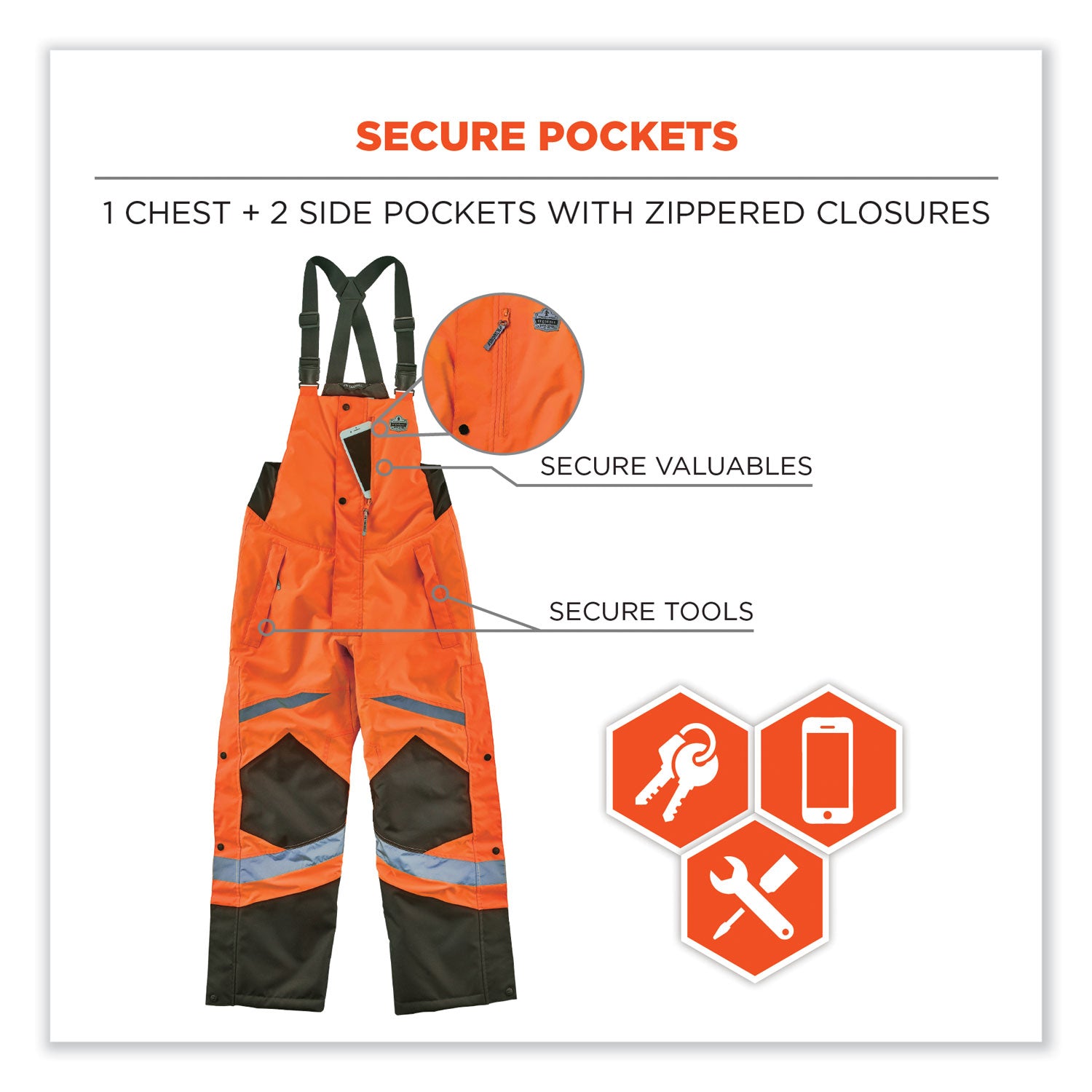Ergodyne 8928 Hi-Vis Insulated Rain Bibs, Small, Orange/Black, Polyester, 300D Oxford, Polyurethane, 1 Each